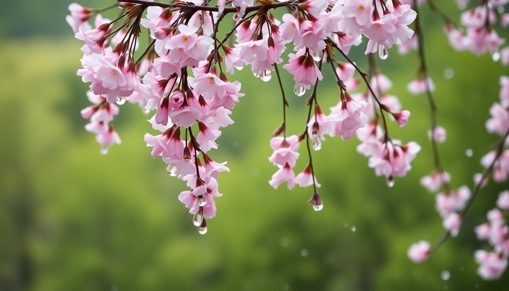 blossoms draped in rain